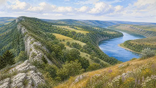 Редакційна ілюстрація Поділля з лісистим вапняковим пасмом, луками, степовим схилом і широкою звивиною річки