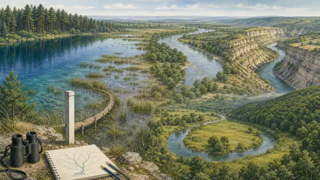 Редакційна ілюстрація поліського озера, мілководної заплави, широкої річки, каньйону й передкарпатської стариці