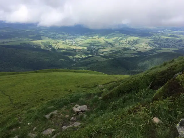 Панорама лісистих хребтів, лук і долин Національного парку «Бойківщина» з гори Пікуй