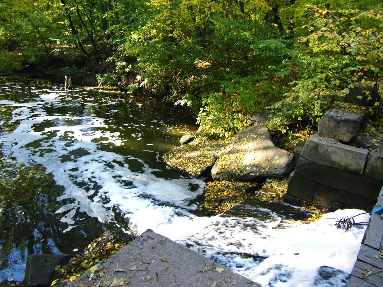 Вода вирує піною через кам’яний край старої греблі на Арбузинці в урочищі Лабіринт біля Трикрат
