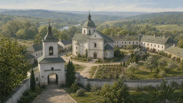 Умовний монастирський ансамбль із брамою, дзвіницею, центральним храмом, келійними корпусами, садом і різними зонами подвір'я