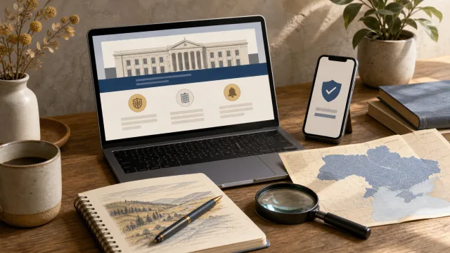 Ноутбук з умовною сторінкою установи, телефон зі знаком перевірки, мапа й лупа на робочому столі